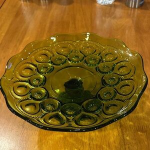 L. E. Smith Moon and Stars Pattern Green Glass Cake Plate with Scalloped Edge.